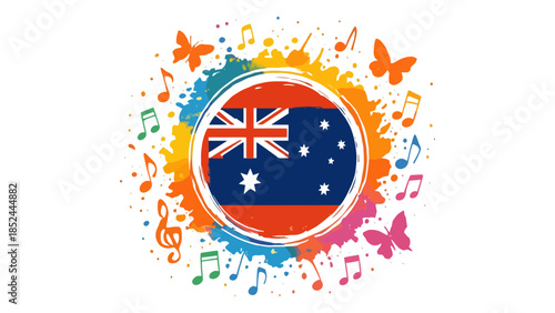 Vibrant celebration of Australian culture with music and fluttering butterflies