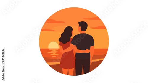 Couple embracing and watching a vibrant sunset over the ocean