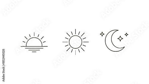 Simple line icons depicting sunrise, daytime sun, and crescent moon with stars.