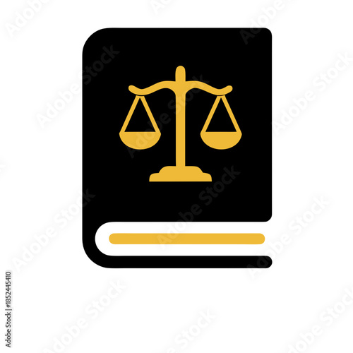 Vector illustration of a black law book with a golden scale of justice symbol on its cover, representing legal concepts, education, and fairness