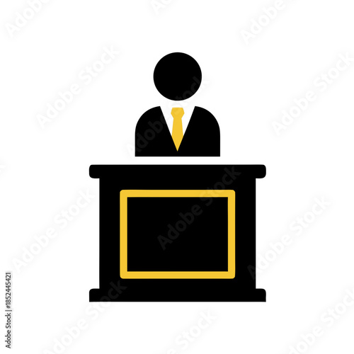 Illustration of a person standing behind a podium with a yellow accent, symbolizing public speaking or a presentation