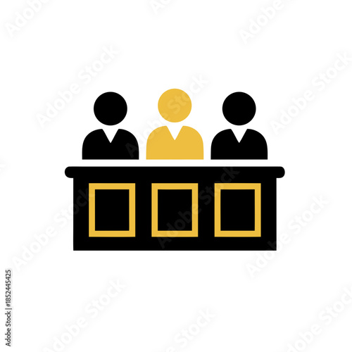 Illustrated icon depicting a judicial or official panel with three figures, highlighting a central decision-maker, perfect for representing legal proceedings, arbitration, or committee deliberations