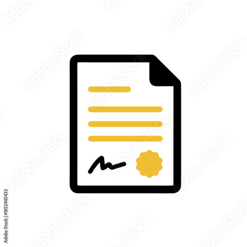 Professional vector illustration depicting an official business document with a bold signature and a golden approval seal, symbolizing contracts, agreements, or important legal certificates