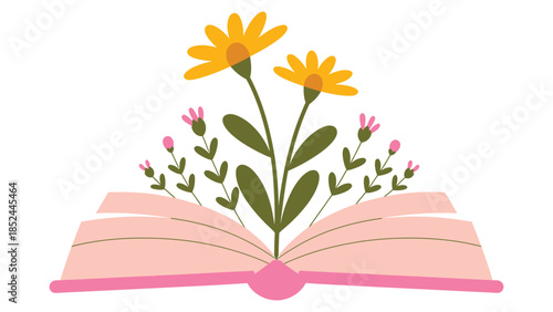 Open book with blooming flowers and learning concept illustration
