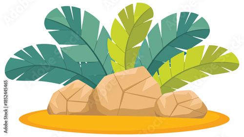 Tropical leaves growing behind rocks in nature illustration
