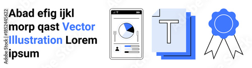 Data analysis, productivity, quality management, performance tracking, certification, efficient work tools. A chart on a mobile screen, a text document and a badge. Analytics and productivity tools