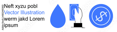 Water usage, payment systems, financial management, economic concepts, digital resources, conservation. A water droplet, hand holding money and currency symbol. Water usage and payment systems