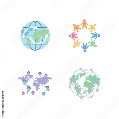 Dynamic conceptual illustrations representing global connectivity, digital communication networks, diverse community interaction, and worldwide social integration