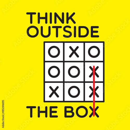 Think outside the box. Typography concept with bright yellow background. Motivational quote. Vector graphic for poster, postcard, print apparels.