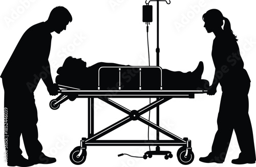Emergency medical staff transporting patient on hospital stretcher silhouette illustration, healthcare teamwork, ambulance service, urgent care, life saving treatment concept 