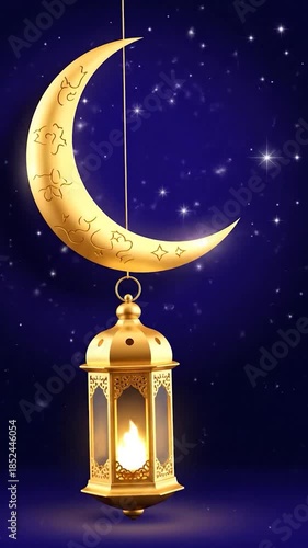 Golden crescent moon with decorative etchings suspends a lantern against a starry night