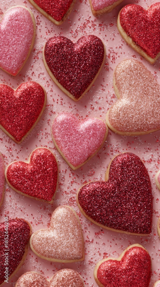 Fototapeta premium Heart-shaped cookies with sparkling glitter on pastel pink background, vertical photo