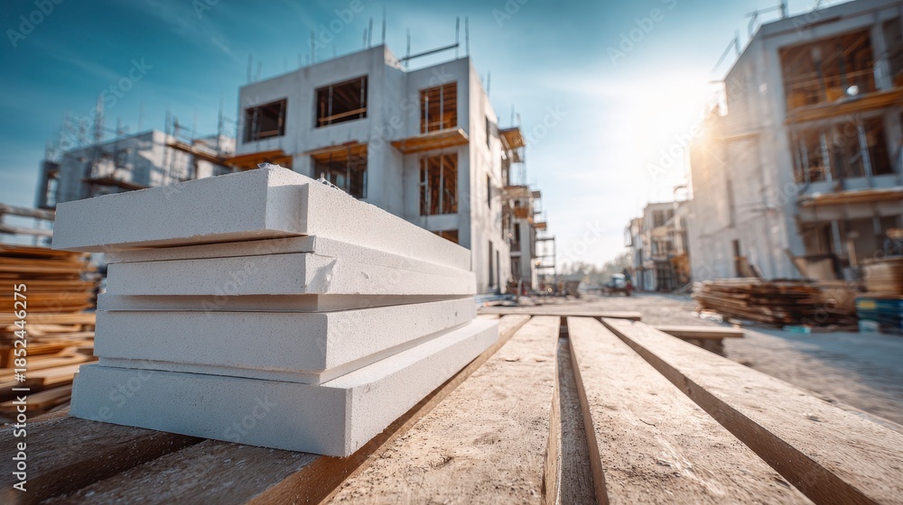 Fototapeta premium A stack of white rectangular construction materials is in focus against a blurred background of a building site under a bright sun