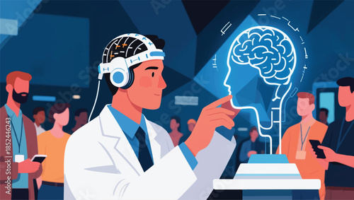 Illustration Of A Neuroscience Giving A Demonstration At A Technology Convention Vector Design Template
