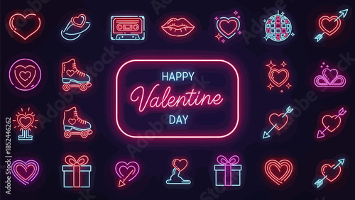 Vibrant Valentine's Day neon signs and icons collection