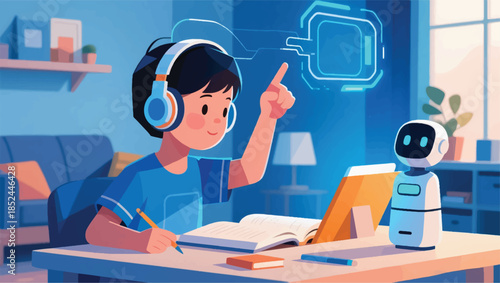 Illustration Of A Child Wearing Headphones Studying By Pointing His Finger At Technology Vector Design Template
