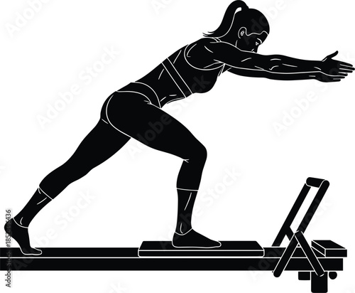 Woman practicing pilates reformer exercise, silhouette fitness training concept, body strength balance workout, modern gym equipment, healthy lifestyle illustration, vector, minimal, black, white, 