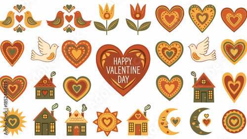 Valentine's Day clip art set with hearts, birds, and houses