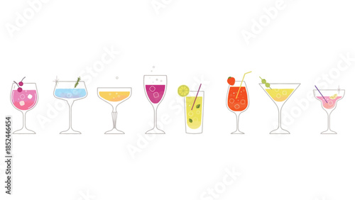 Colorful collection of refreshing cocktails and drinks on a white background
