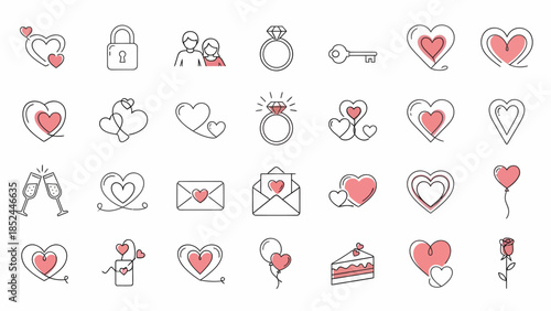 Valentine's Day heart icons with love symbols and gifts
