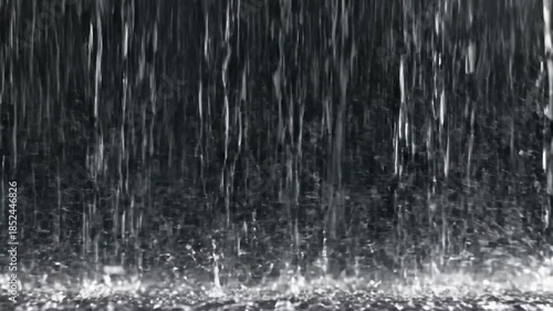 A close-up view of heavy rain falling, with droplets hitting the ground and creating splashes