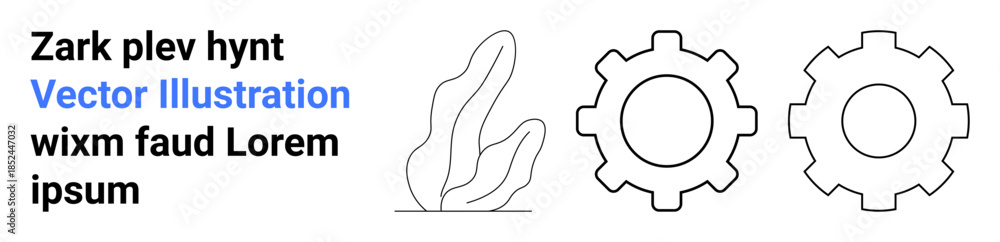 Obraz premium Nature integration, technology, balance between industries, minimalism, environmental engineering, innovation concept. A line art plant alongside two gear icons. Nature integration and technology