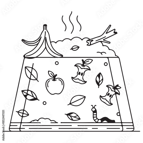 Line Art Composting Bin Illustration with Organic Waste and Decomposing Elements