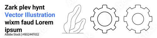 Nature integration, technology, balance between industries, minimalism, environmental engineering, innovation concept. A line art plant alongside two gear icons. Nature integration and technology