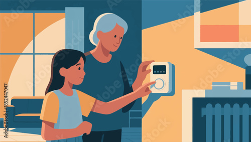 Illustration A Girl Helps Her Mother Adjust And Lower The Heating Temperature On The Thermostat Vector Design Template