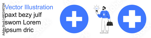 Healthcare, innovation, medical services, professional growth, problem-solving, creativity. Two blue medical cross symbols and a professional figure holding a lightbulb. Healthcare and innovation