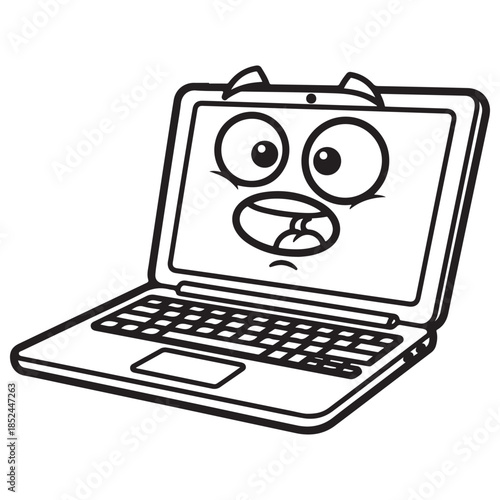 Cartoon Black Outline Laptop with Surprised Face on White Background