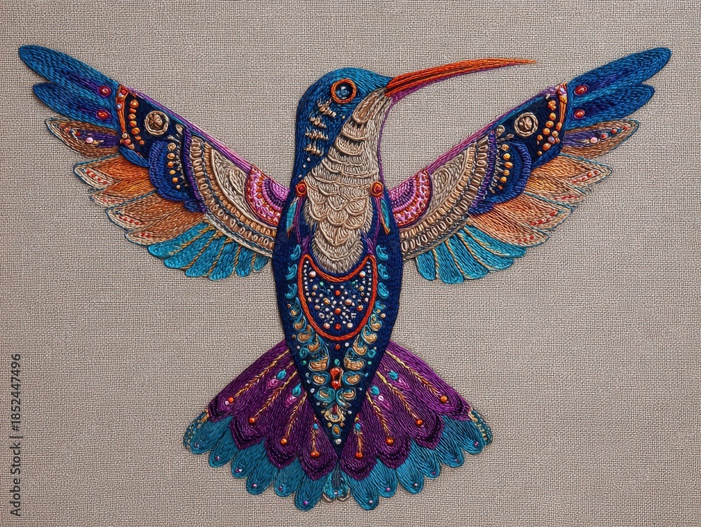 Naklejka premium Colorful Hummingbird Textile Art with Intricate Patterns and Detailed Feathers on Textured Background