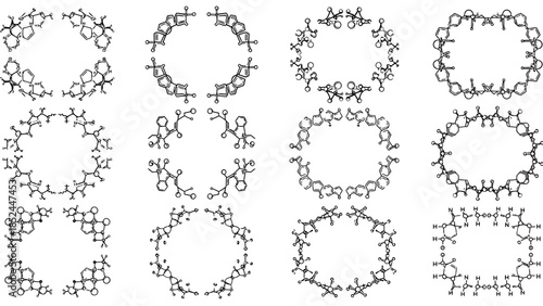 Collection of intricate circular molecular structures in black and white.