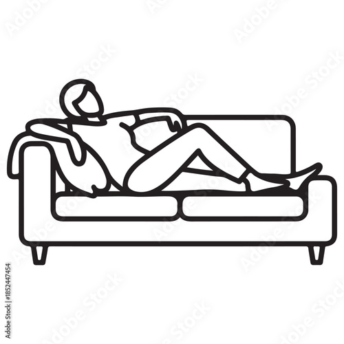 A young woman relaxes on a red sofa with a 3d cartoon car illustration isolated as a tool for equipment