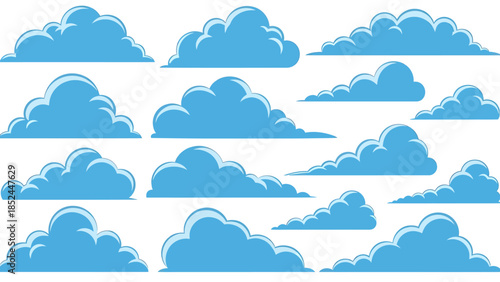 Collection of Blue Cumulus Clouds on White Background.