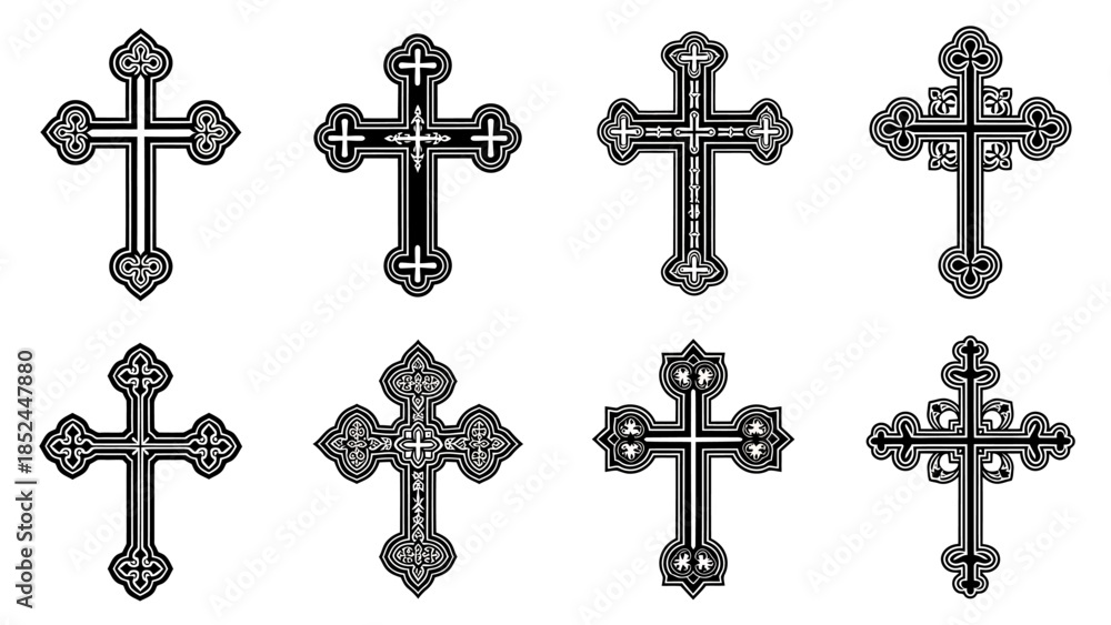 Fototapeta premium Collection of Eight Ornate Christian Cross Symbols.