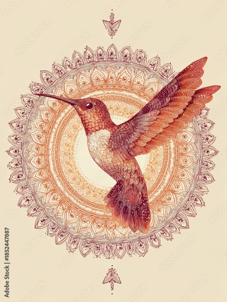 Fototapeta premium Hummingbird In Flight Centered Within A Dotted Mandala Pattern Against A Cream Background