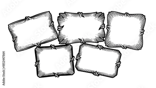 Hand Drawn Rough Wooden Signs Collection Isolated.