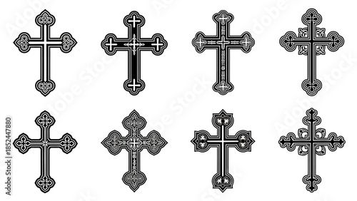 Collection of Eight Ornate Christian Cross Symbols.