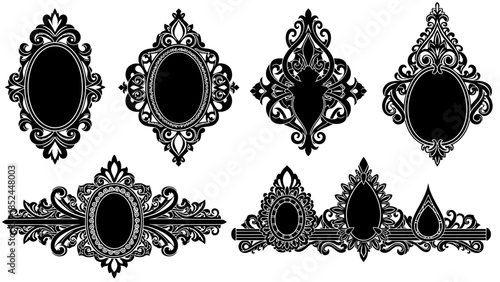 Collection of ornate black vintage frames and decorative elements.