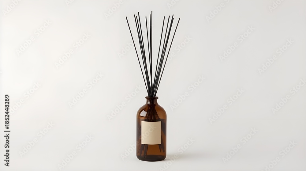 Obraz premium A brown amber glass bottle standing upright against a clean white background. The glass contains a diffuser liquid with an amazing smell.