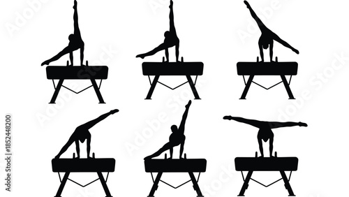 Set of six male gymnast silhouettes on a pommel horse.