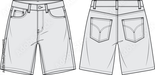 Technical fashion sketch of denim shorts, front and back views of classic five pocket jean shorts, flat vector garment template for design