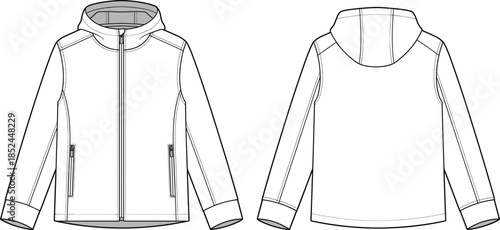 Technical fashion sketch of hooded softshell jacket, front and back views of athletic zip-up outerwear with pockets, flat vector template illustration