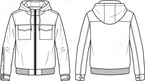 Technical fashion sketch of men's hooded utility jacket, zip-up outerwear with chest pockets and ribbed hem, flat vector template front back view