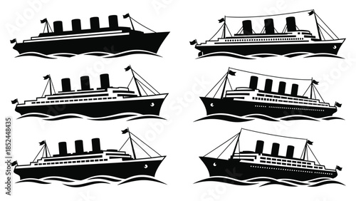 Set of black and white vintage ocean liner silhouette icons