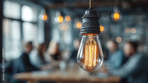 Illuminated Ideas A glowing Edison bulb hangs above a blurred group brainstorming, symbolizing innovation and collaboration in a modern workspace. High quality. High quality