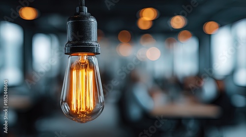 Illuminated Ideas A glowing Edison bulb hangs above a blurred group brainstorming, symbolizing innovation and collaboration in a modern workspace. High quality. High quality