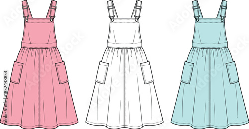 Technical fashion sketch of women's pinafore bib dress set, overall skirt with pockets in pink, white, and blue colors, flat vector template