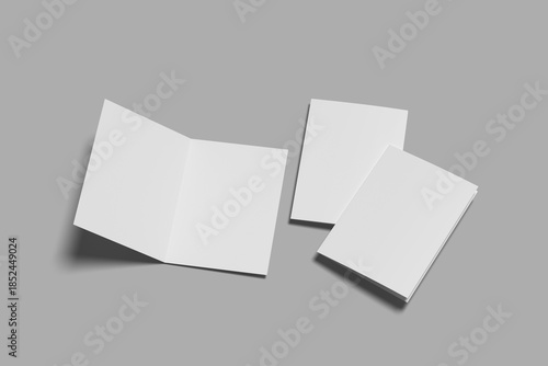Cover bifold half-folded blank papers (booklets, postcards, flyers or brochures) mockup template on gray background